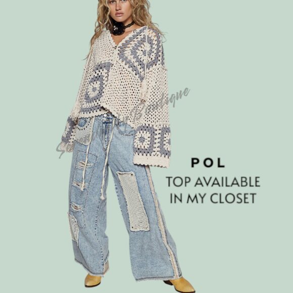 POL Rustic Denim Studded Detail Patchwork Baggy Wide Leg Cotton Blue Jeans - Picture 8 of 10